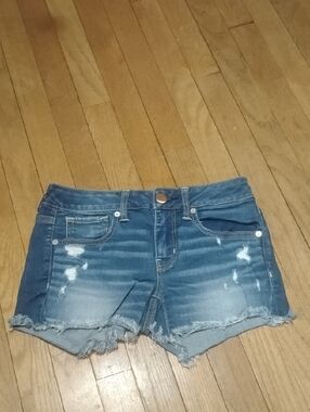 american eagle 'midi' jean shorts womens 4 mid rise super stretch denim 3" frey